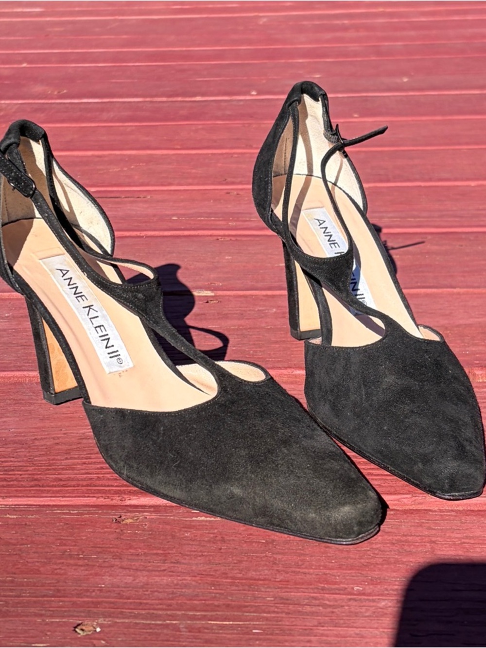 Anne Klein Black Suede Ankle-Strap Pumps